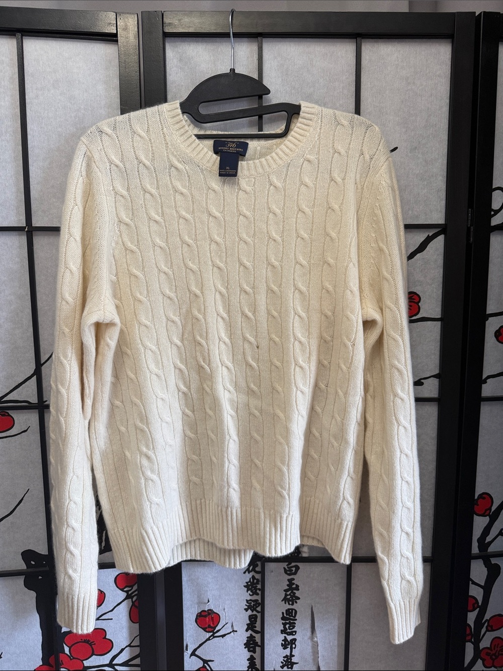 Brooks Brothers Off White Cashmere Cable-Knit Crewneck Sweater